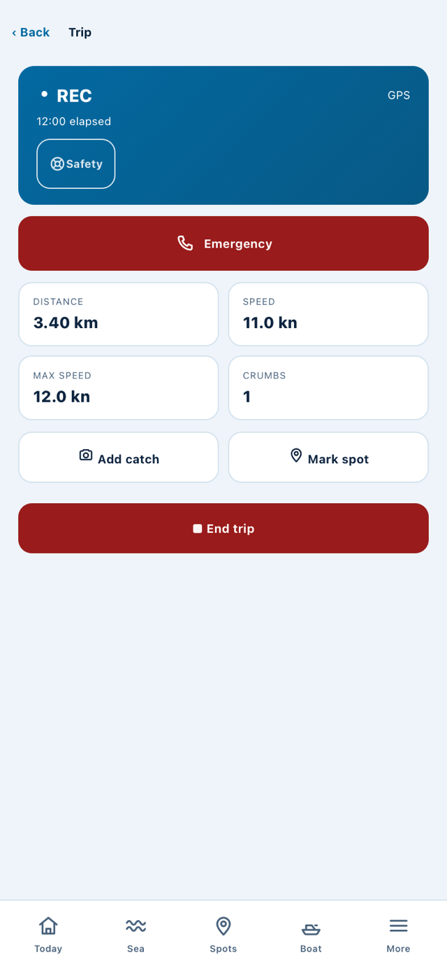 Boatie's trip screen recording distance and speed